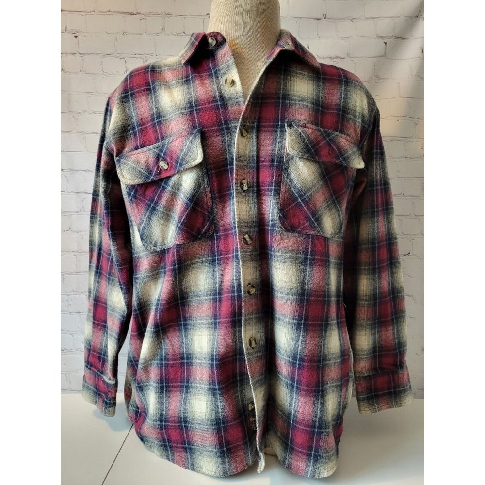 Burry Lane Button Down Flannel Shirt Mens Size L Red White Blue Plaid Heavy